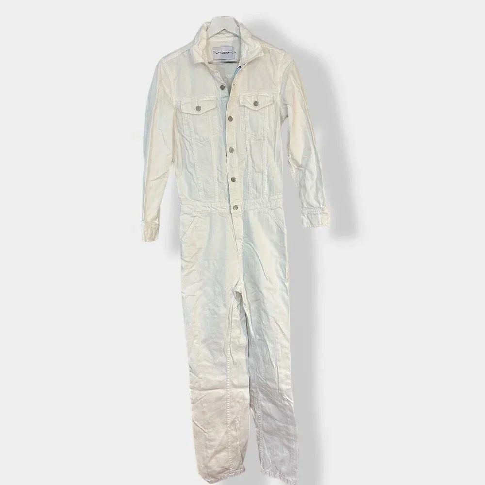 Calvin Klein‎ Long Sleeve White Denim Jumpsuit S